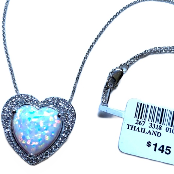 Sterling Silver Heart Shaped Lab Created Opal and Sapphire Necklace - Picture 4 of 7